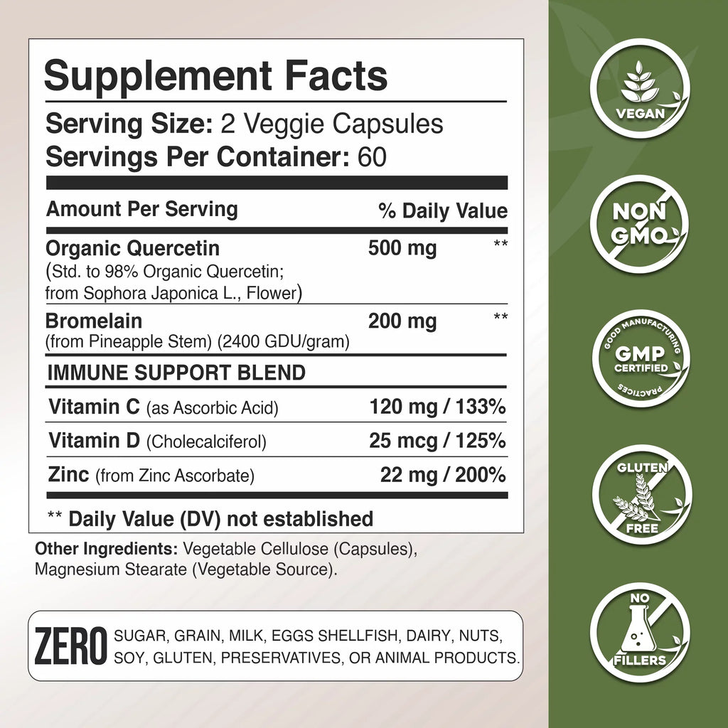 Quercetin Complex with Bromelain, quercetin supplements 500mg, with Vitamin  and Zinc, Bioflavonoids for Healthy Immune Support, vitamin , zinc quercetin, Third Party Tested.