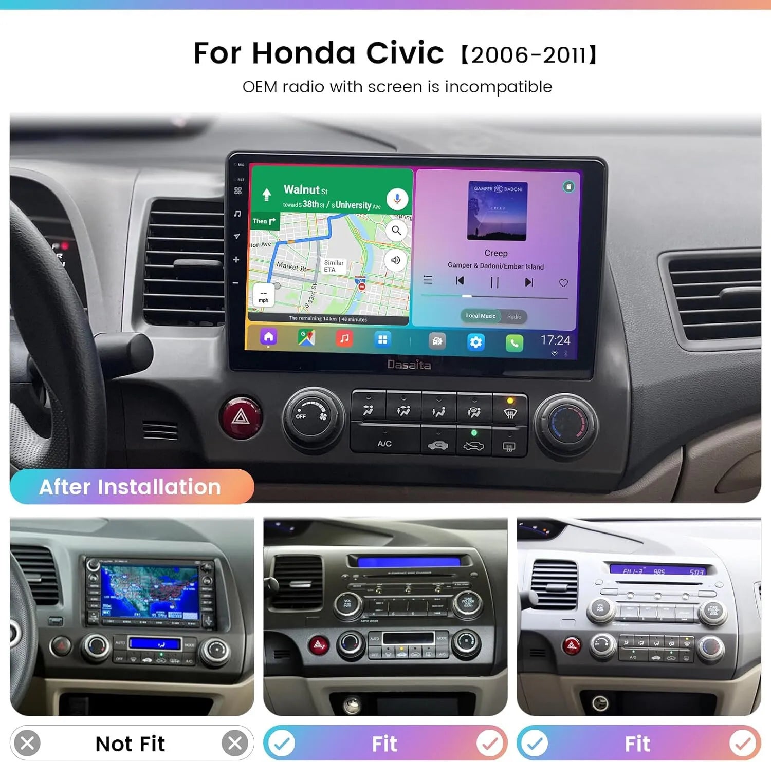 10.1 inches 1280*720  Touchscreen Android 12 2+32GB Car Stereo for Honda Civic 2006-2011 Car Radio Carplay & Android Auto Support Backup Camera  Navi