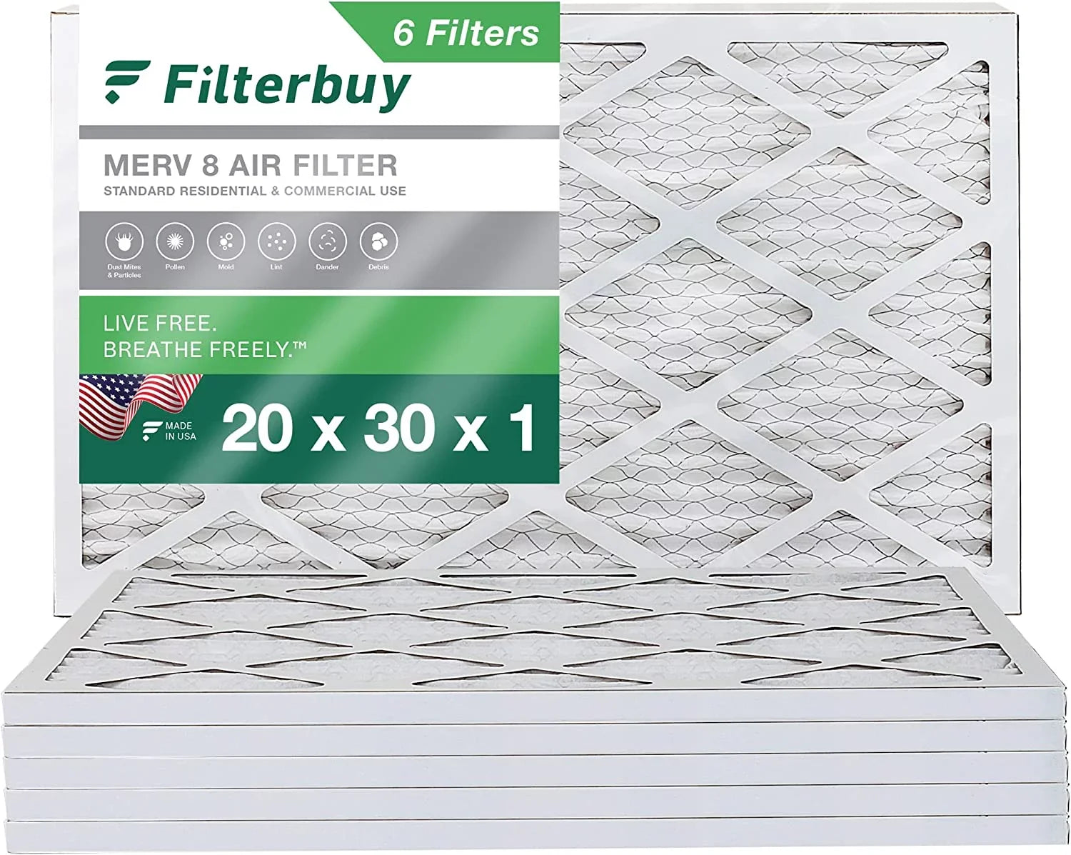 Filterbuy 20x30x1  8 Pleated   Furnace Air Filters (6-Pack)