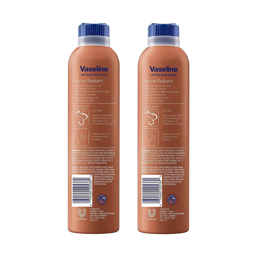 Vaseline Intensive Care Cocoa Radiant Spray, Moisturizes Dry Skin In An Easy To Apply Continuous Spray, Provides 24-Hour Moisture, Absorbs Quickly And Leaves Skin Soft, 6.5 Oz, Pack Of 2.