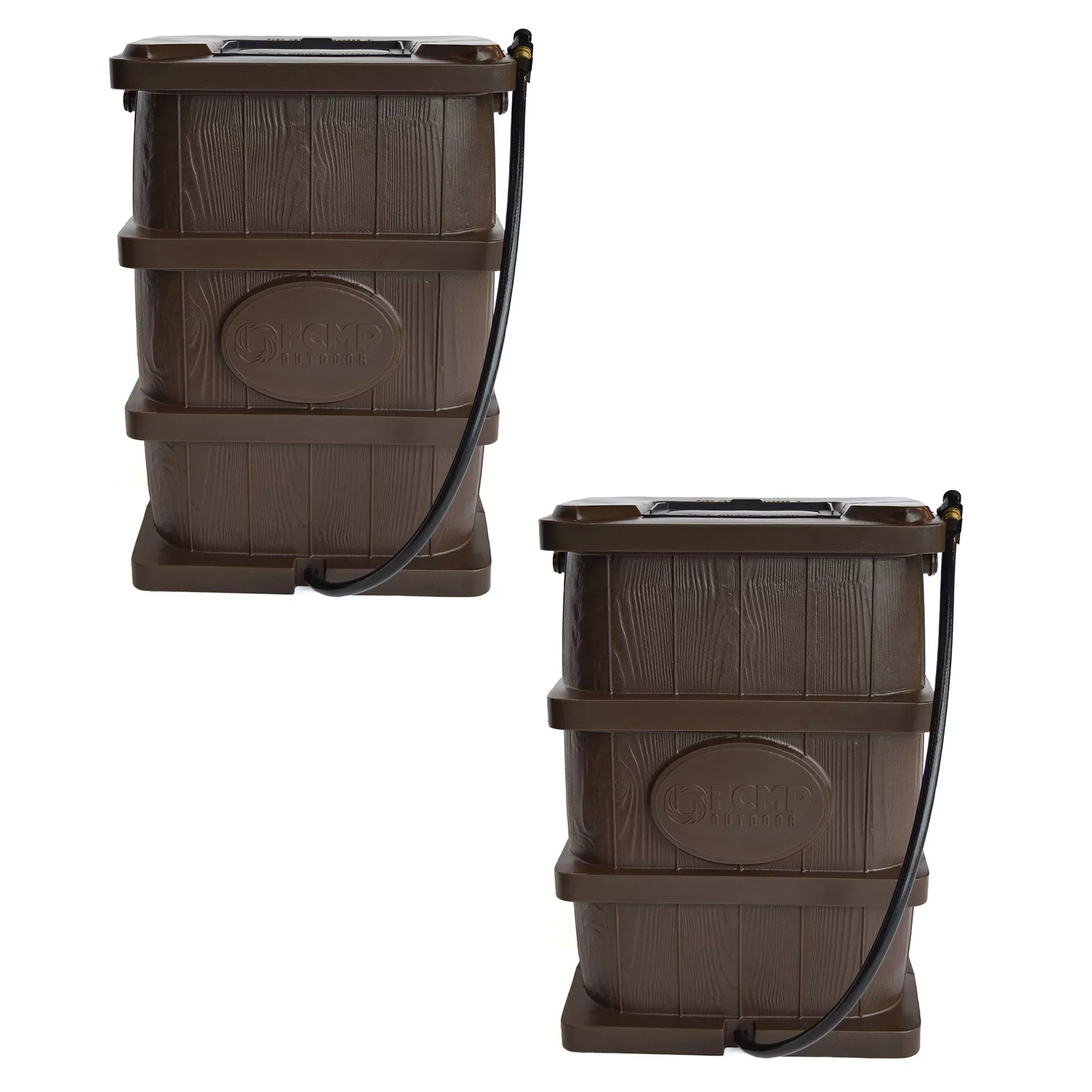 Outdoor 45 Gal Wood Grain Rain Water Catcher Barrel, Brown (2 Pack)
