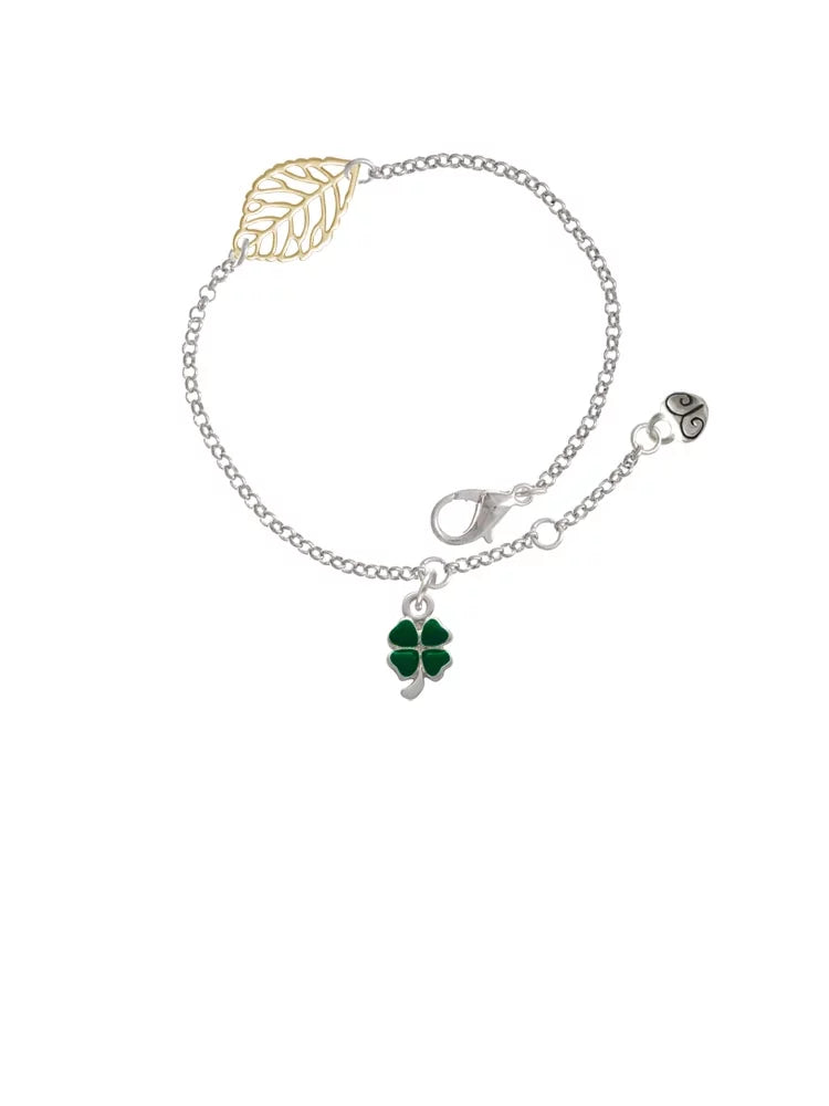 Delight Jewelry Silvertone Mini Green Four Leaf Clover with Heart Leaves - Goldtone Leaf Delicate Bracelet, 6.25+1.75"