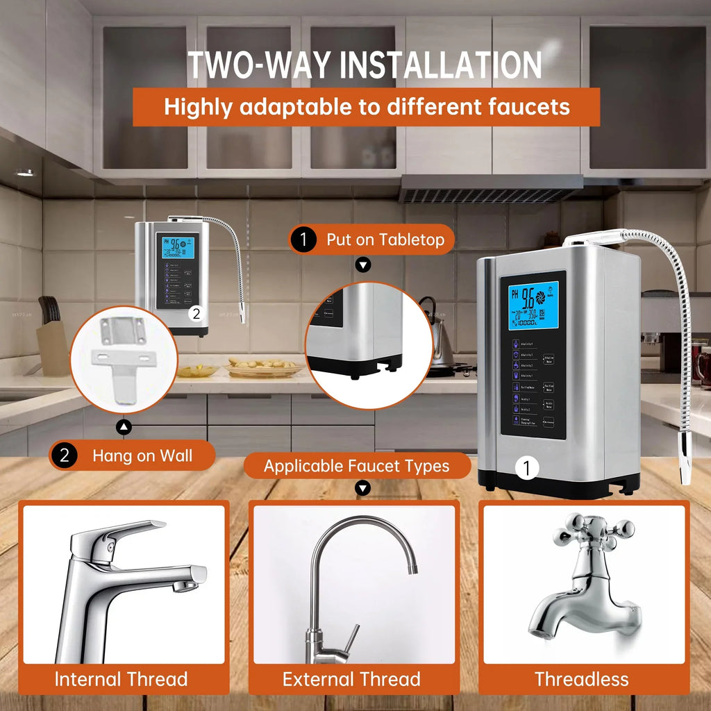 Alka Water Ionizer, Water Purifier Machine  3.5-10.5 Alkaline Acid Water Machine,Up to -500mV , 8000 Liters Per Filter,7 Water Settings,Auto-Cleaning,Intelligent Voice(Silver)