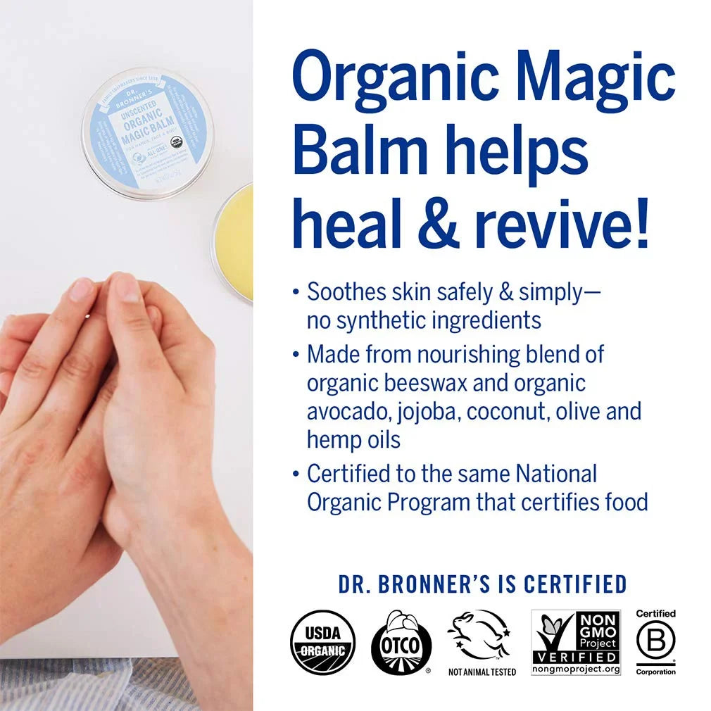 Dr. Bronner's - Organic Magic Balm (Baby Unscented, 2 Ounce, 2 Pack) Made with Organic Beeswax and Hemp Oil, Moisturizes and Soothes Hands, Face and Body, Relieves Dry Skin, Helps Prevent Diaper Rash