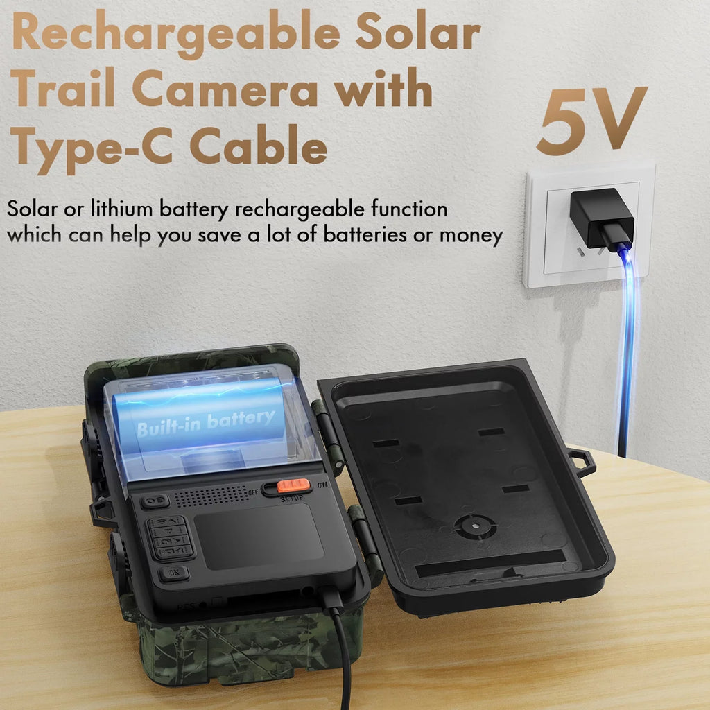 Solar Trail Camera 24MP 1080P Game Camera with 2500mAh Built-in Lithium Battery Rechargeable Night Vision Waterproof  Motion Activated 0.1s Trigger Speed 120°Wide Angle Hunting Cam