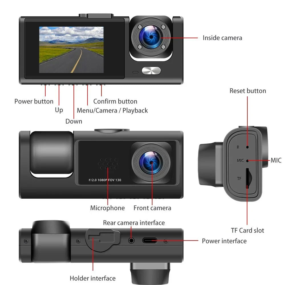 3 Channel Dash Cam Front and Rear Inside /32GB  Card, Full  1080P Dash Camera for Cars, Dashcam Three Way Triple Car Camera / Night Vision, Loop Recording, -Sensor, Parking Monitor