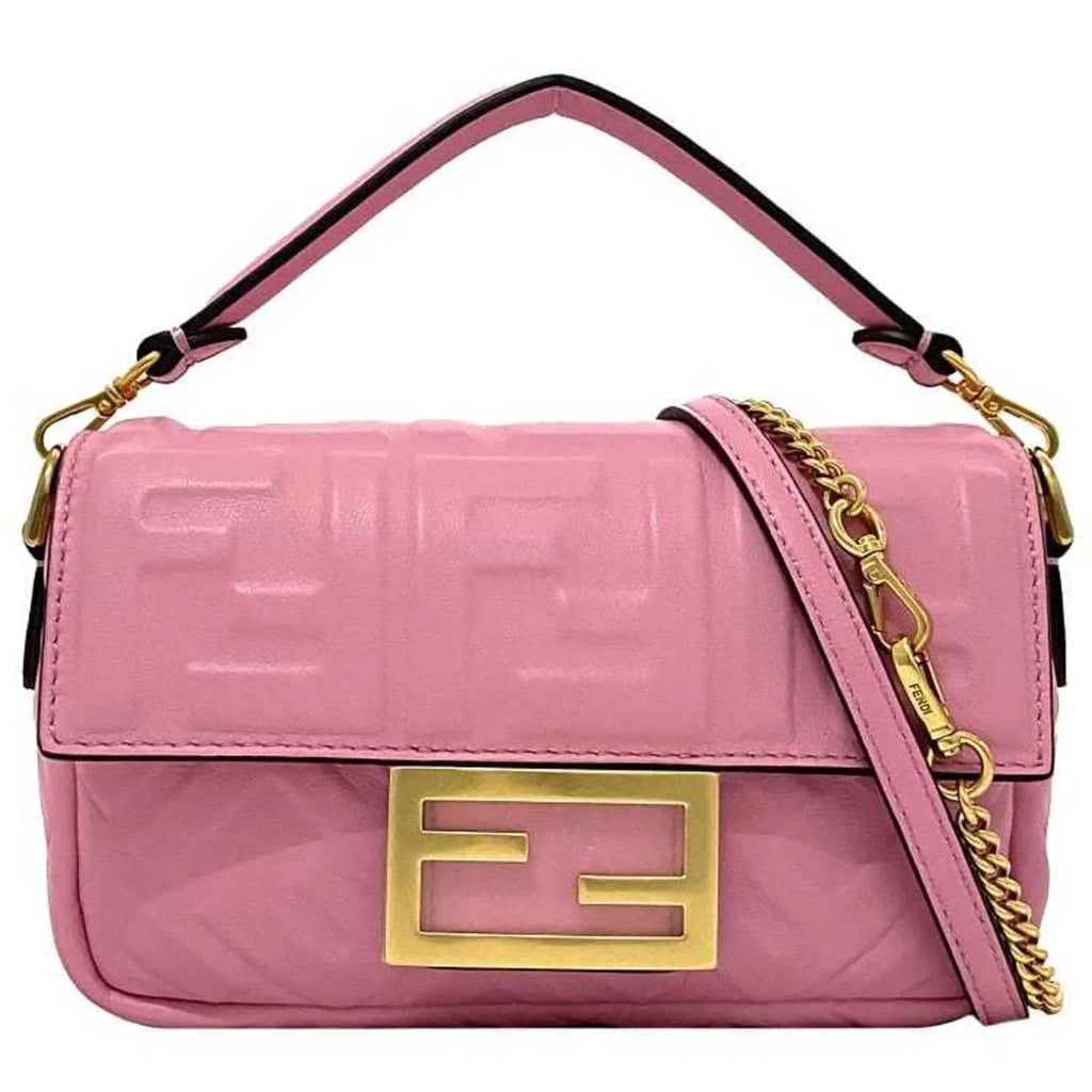 Pre-Owned Fendi Baguette Small Pink Gold 8BS017 Leather   Shoulder Bag  Embossed Ladies Chain (Like New)