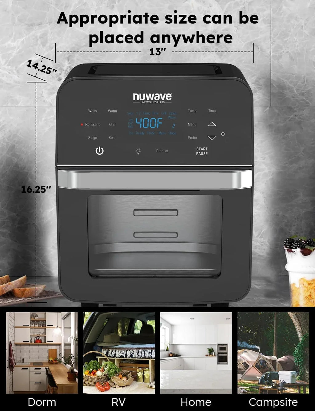 Brio Air Fryer Oven, 15.5Qt -Large Family Size,  Rotisserie Basket &-Skewer Kit, Powerful 1800W, 50F-425F Temp Controls, Integrated Smart Thermometer