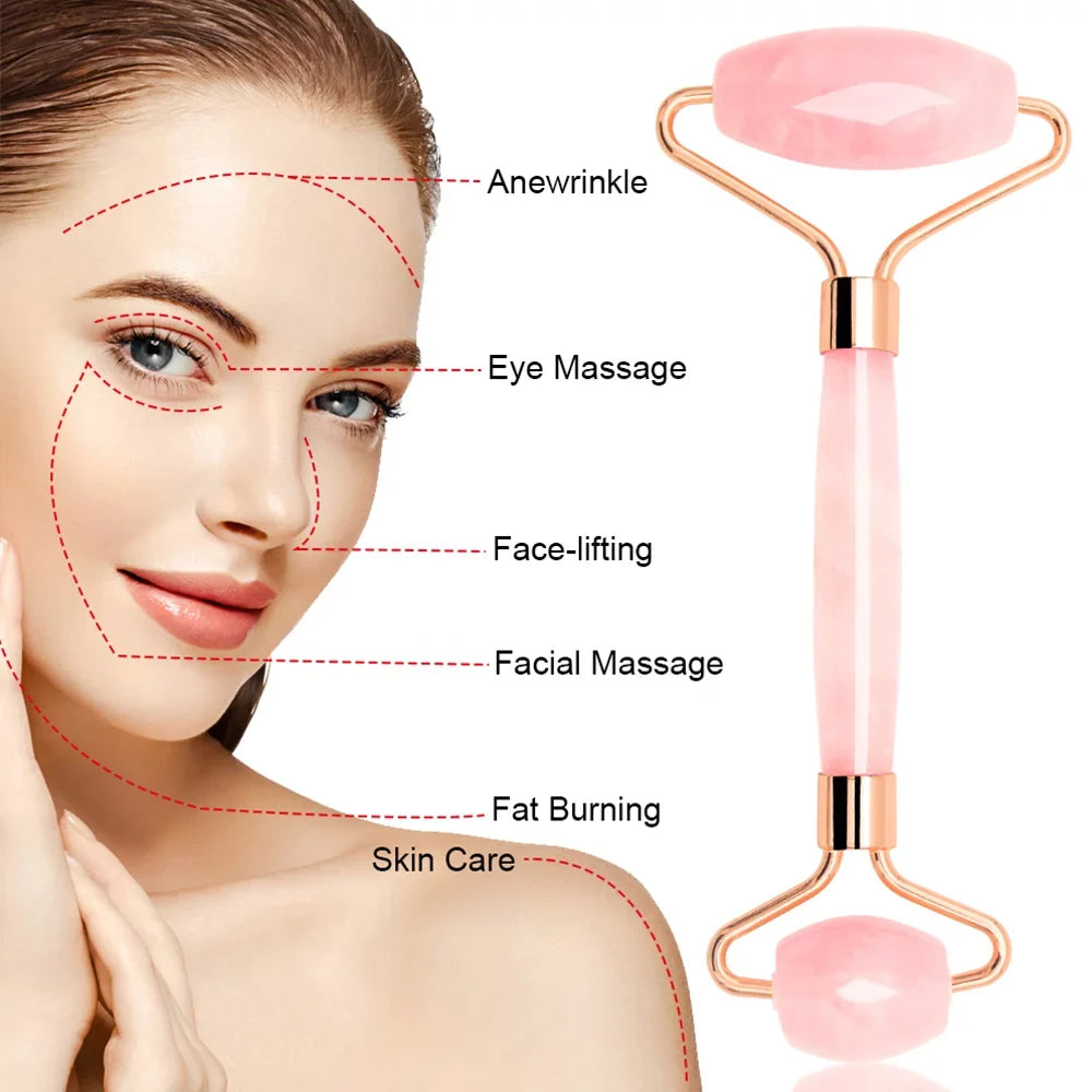 Jade Roller, Face Roller, Facial Beauty Roller Skin Care Tools, Rose Quartz Massager for Face, Eyes, Neck, Body Muscle Relaxing and Relieve Fine Lines and Wrinkles Gua Sha