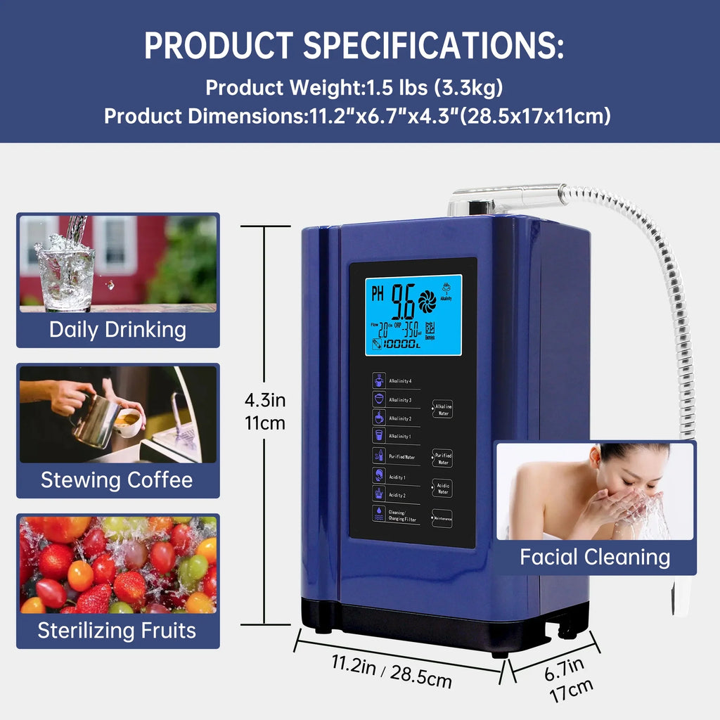 Alka  Water Ionizer, Water Purifier Machine  3.5-10.5 Alkaline Acid Water Machine,Up to -500mV , 8000 Liters Per Filter,7 Water Settings,Auto-Cleaning,Intelligent Voice (blue )