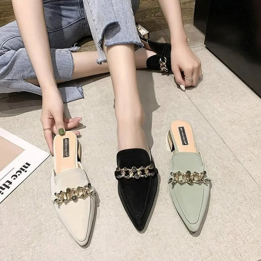 Luxury Slides Square Toe Ladies Shoes Summer Fashion Footwear Square Low Heels Shoe Slides Slippers Women 2023 Chain Mules black 37
