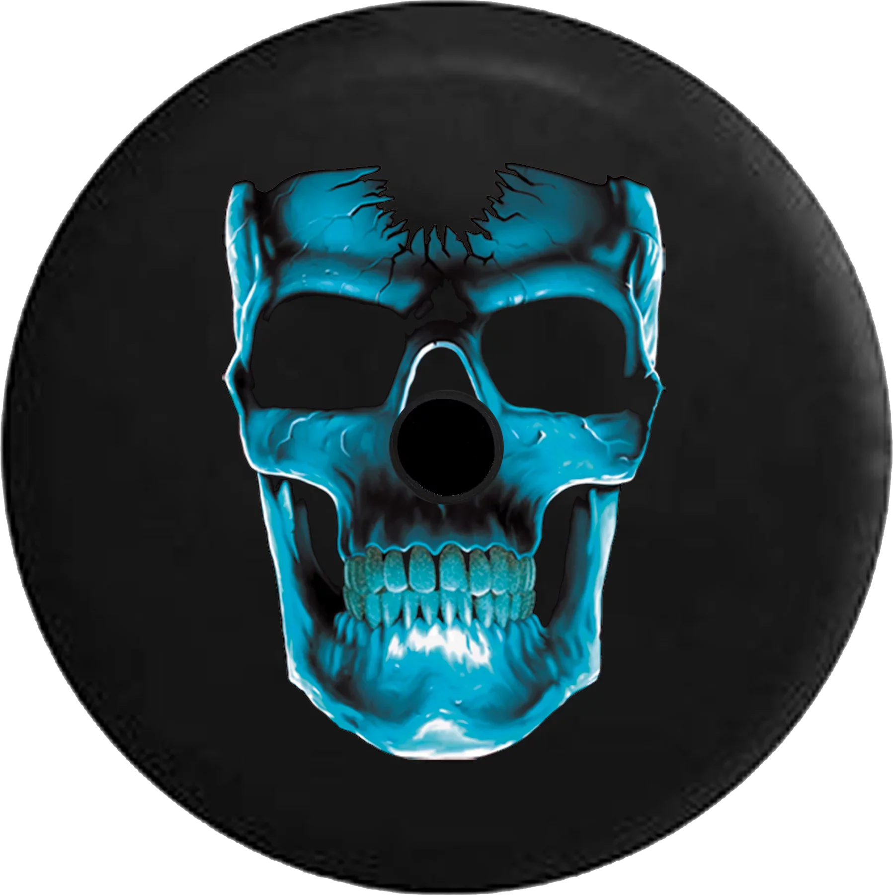 2018 2019 Wrangler  Backup Camera 3D Cracked Grinning Skull Almost Glowing Blue Spare Tire Cover for Jeep  32 Inch