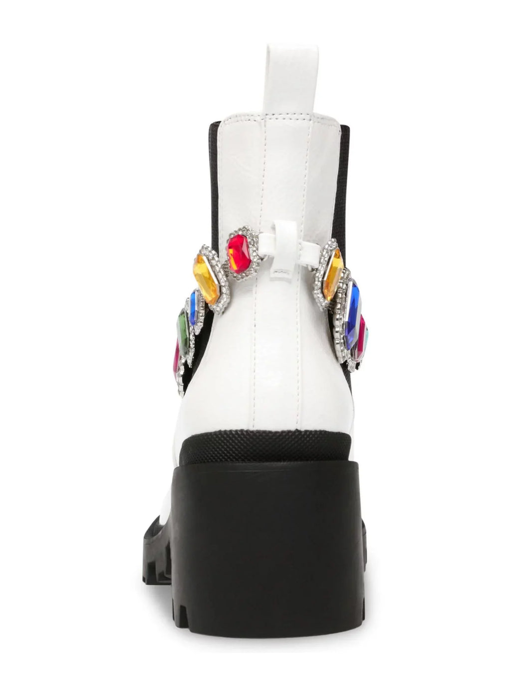 Womens White Gem Accent Strap Pull Tab 1" Platform Goring Padded Jenesis Round Toe Block Heel Moto 7