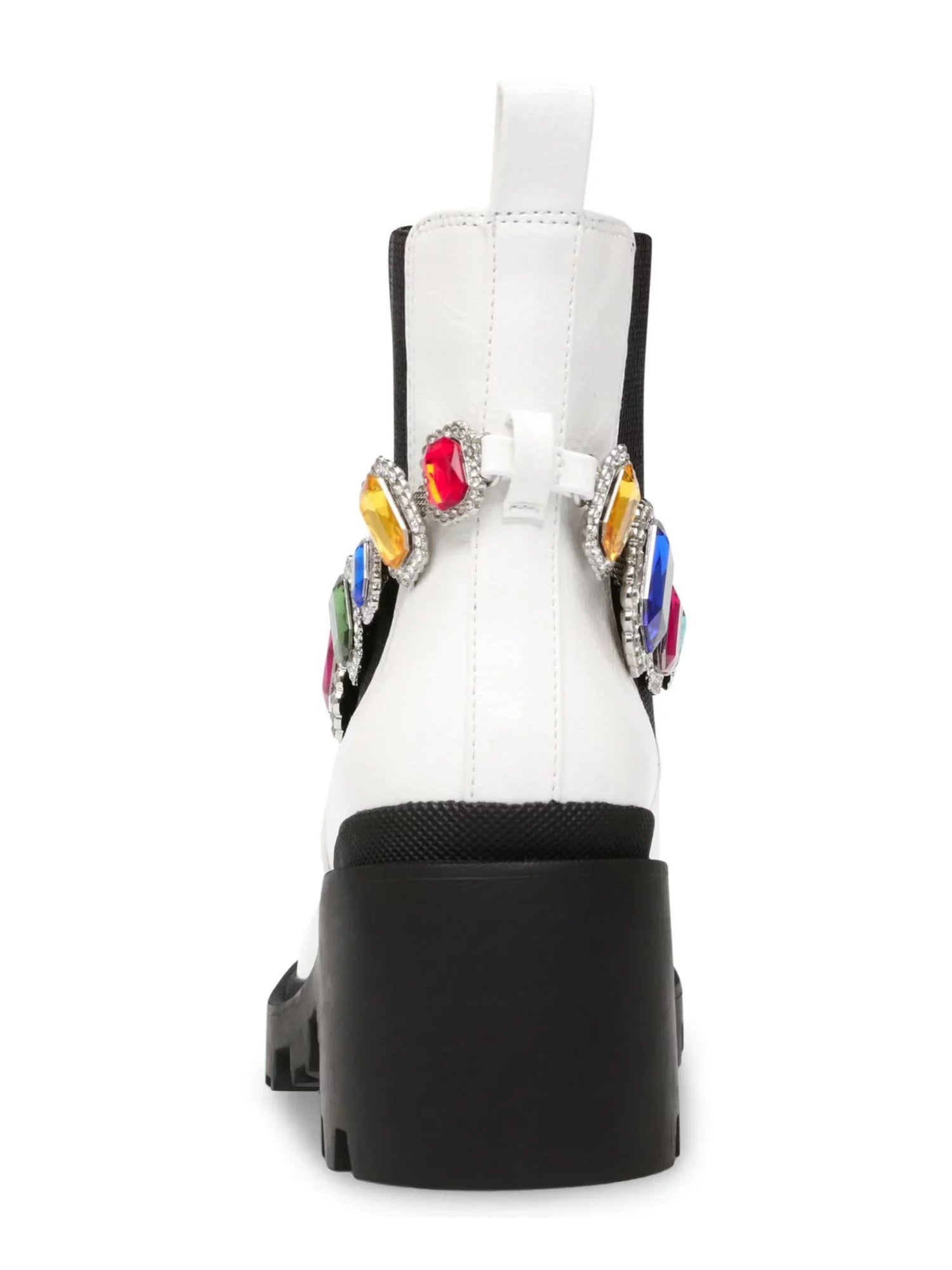 Womens White Gem Accent Strap Pull Tab 1" Platform Goring Padded Jenesis Round Toe Block Heel Moto 7