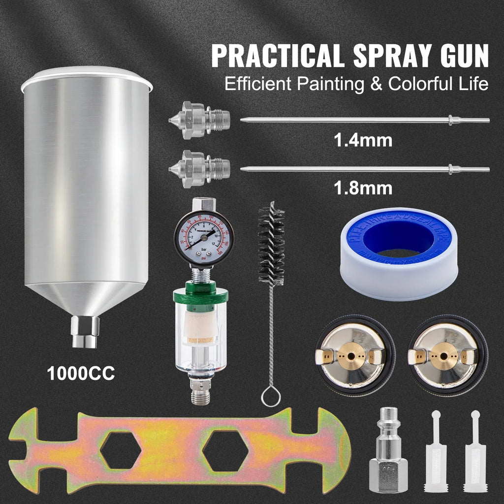 Spray Gun, High Performance Automotive Gravity Feed Spray Gun with 1.3mm 1.4mm 1.8mm Stainless Steel Nozzles, 1000cc Aluminum Cup for Auto Paint, Primer, Clear/Top Coat & Touch-Up