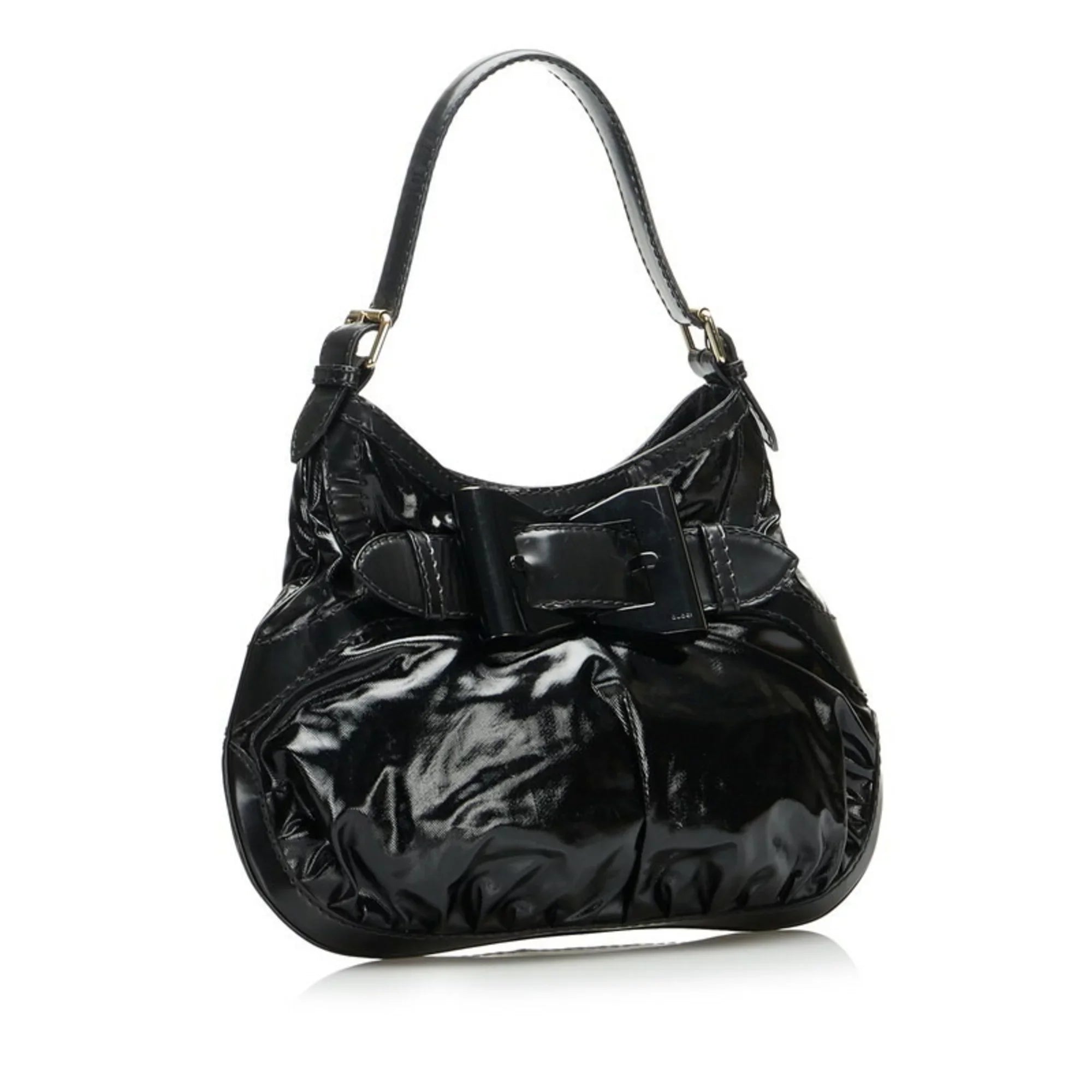 Pre-Owned Gucci Ribbon Handbag Hobo Bag 189885 Black Patent Leather Ladies  (Good)