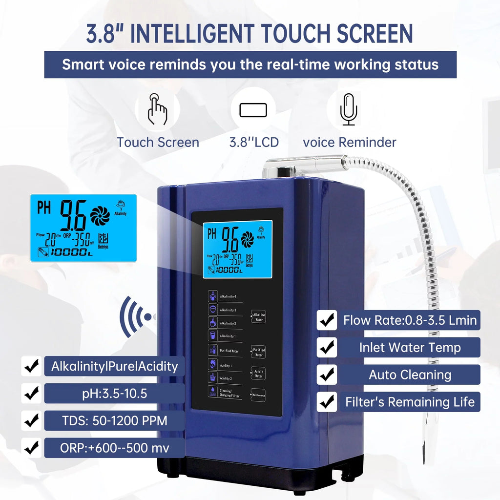 Alka  Water Ionizer, Water Purifier Machine  3.5-10.5 Alkaline Acid Water Machine,Up to -500mV , 8000 Liters Per Filter,7 Water Settings,Auto-Cleaning,Intelligent Voice (blue )