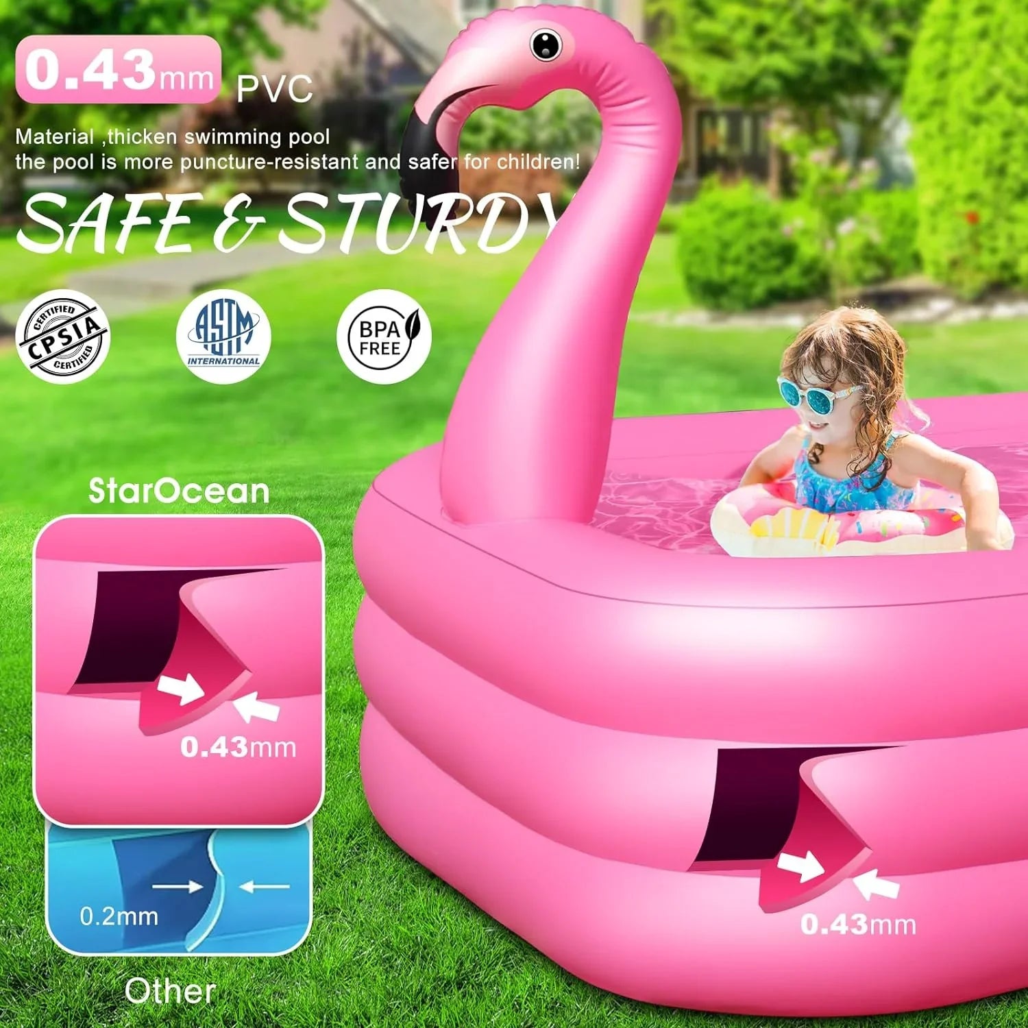 Inflatable Pool with Lights, 2024 Solar Flamingo Swimming Pool for Kids,Adults Inflatable Blow up Pool, Large Kiddie Pool, Durable Thickened 105"x65"x25" Inflatable Family Pool for Backyard,Outdoor