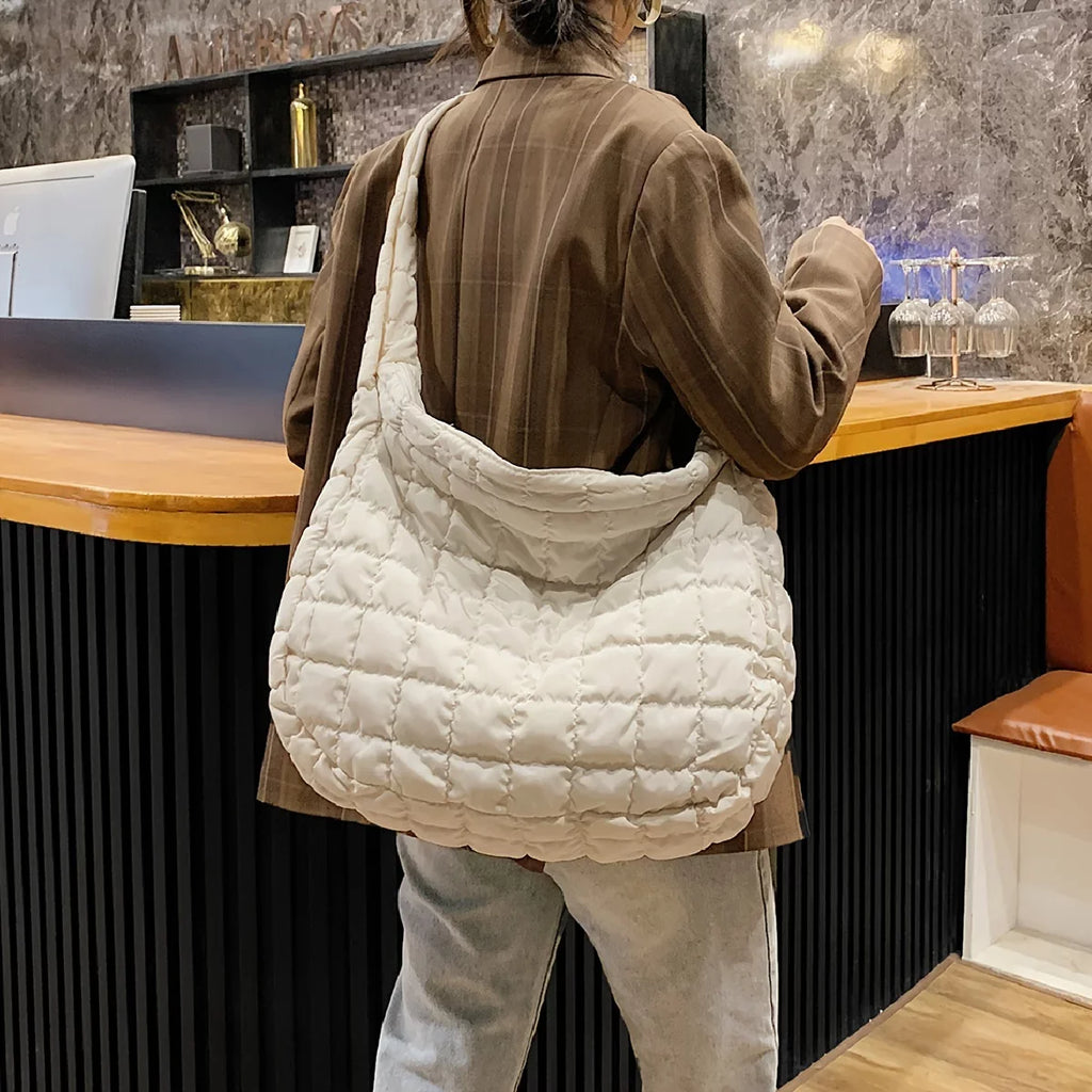 Junior Quilted Tote, Padded Argyle Quilted Crossbody Hobo Bag, Cotton Filled Large Capacity Shoulder Tote Bag For Work