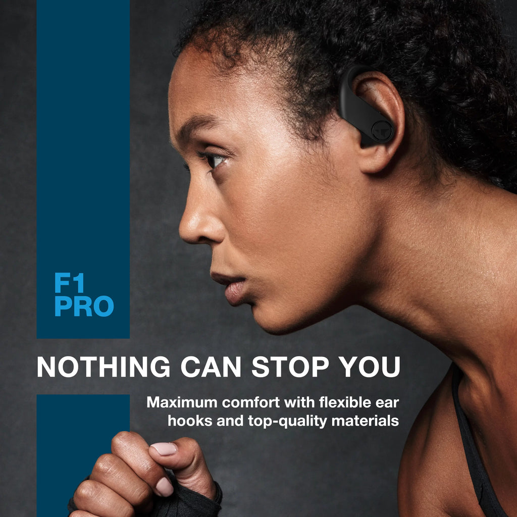 Turonic  Pro - True Wireless Earbuds - 45H Playtime, Charging case, Mic,  Waterproof Bluetooth Headphones w/Microphone - Sport Wireless Earphones with Earhook for Gym, Running, Workout - Black