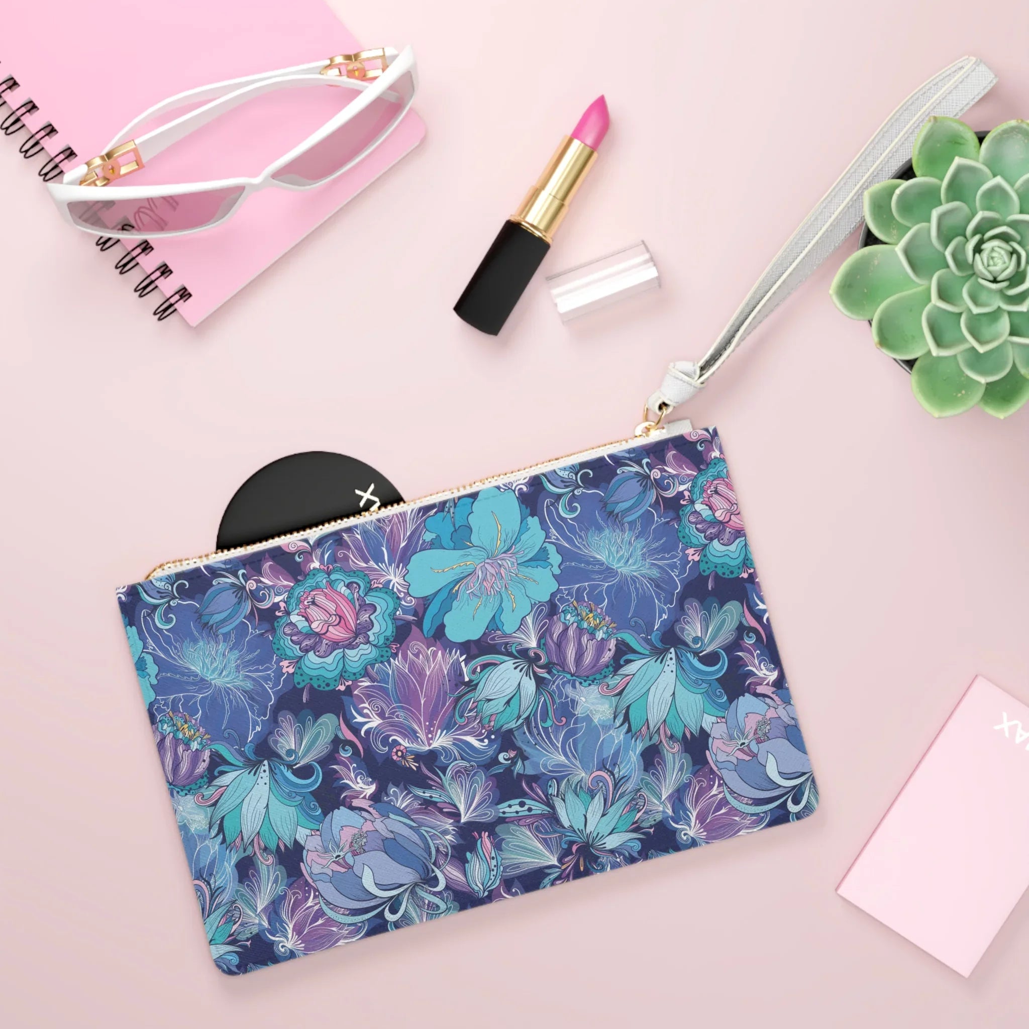 Floral Fusion Purple, Navy, White Clutch Bag