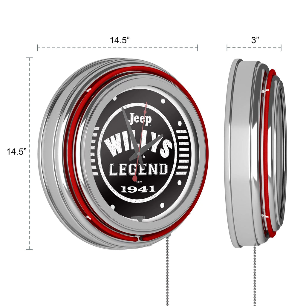Neon Wall Clock-Jeep Willys Legend Black Double Rung Analog Clock with Pull Chain-Pub, Garage, or Man Cave Accessories (Red)