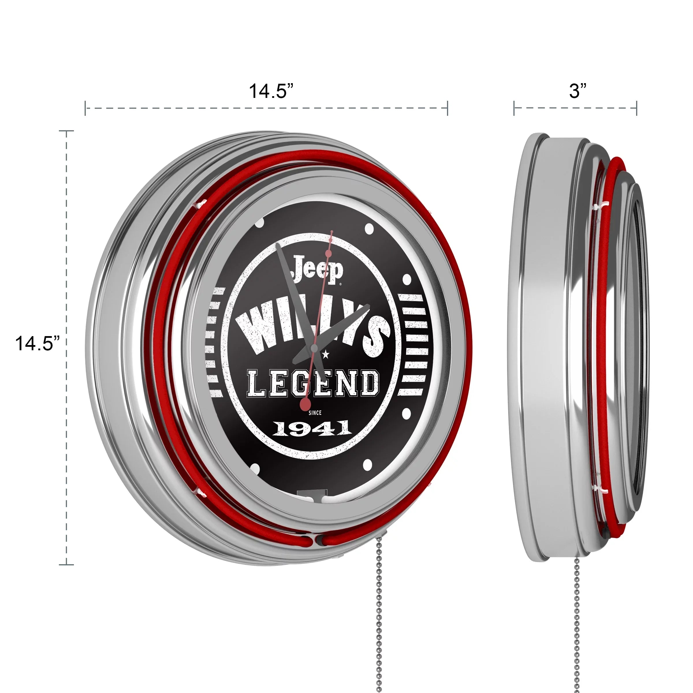 Neon Wall Clock-Jeep Willys Legend Black Double Rung Analog Clock with Pull Chain-Pub, Garage, or Man Cave Accessories (Red)