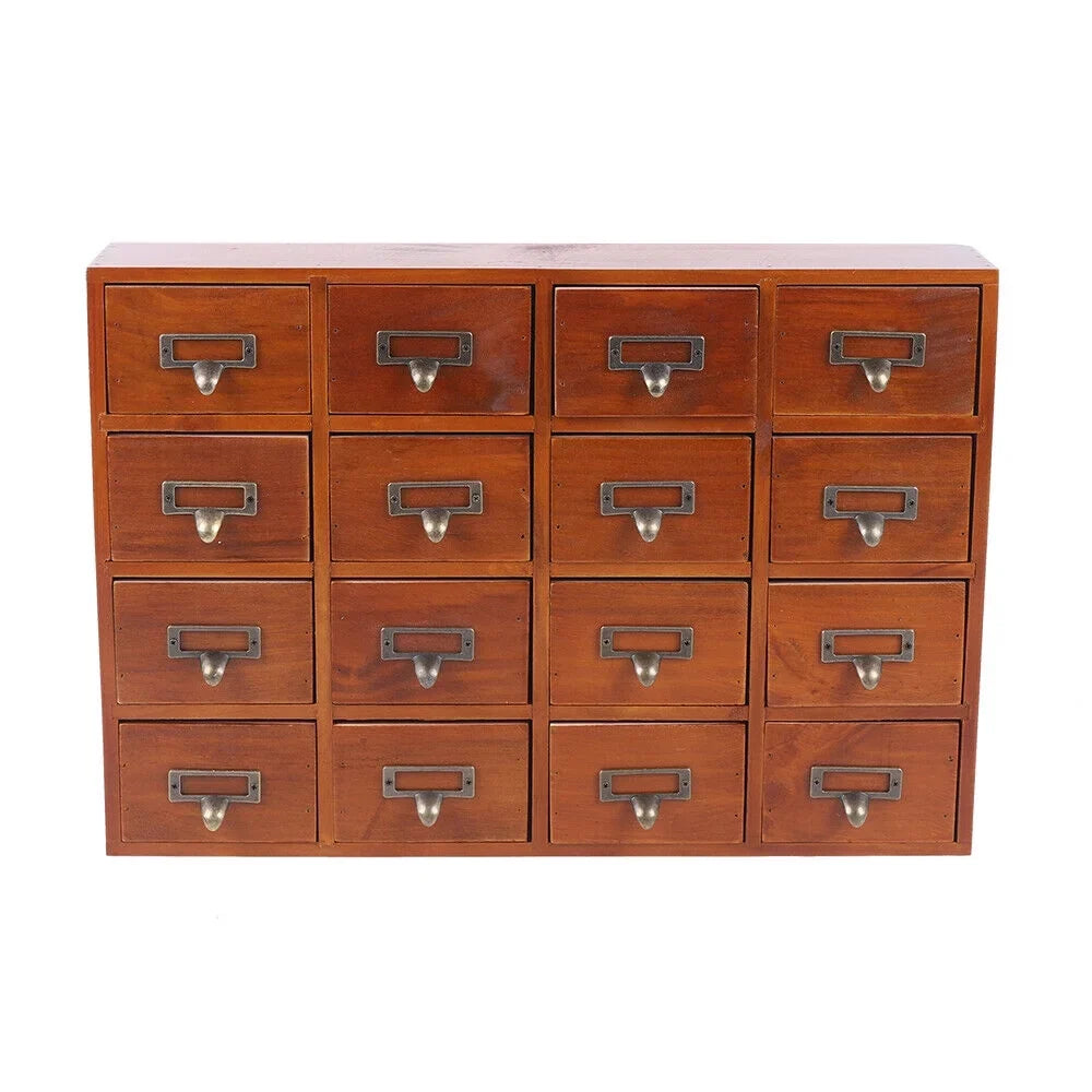 16 Drawers Vintage Wood Apothecary Medicine Cabinet Label Holder Card Catalog