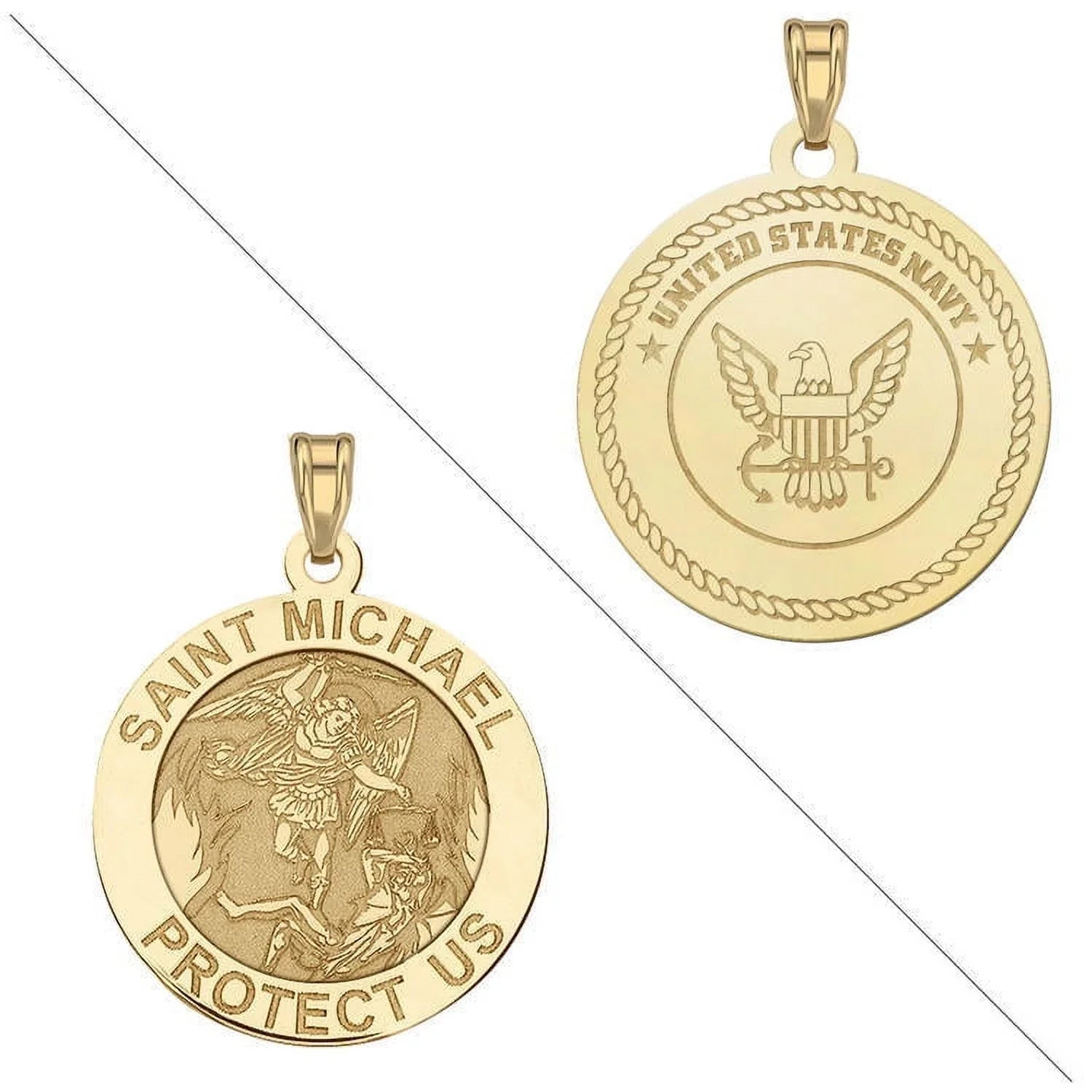 Saint Michael Doubledside  Religious Medal  - 2/3 Inch Size of a Dime - Solid 14K Yellow Gold