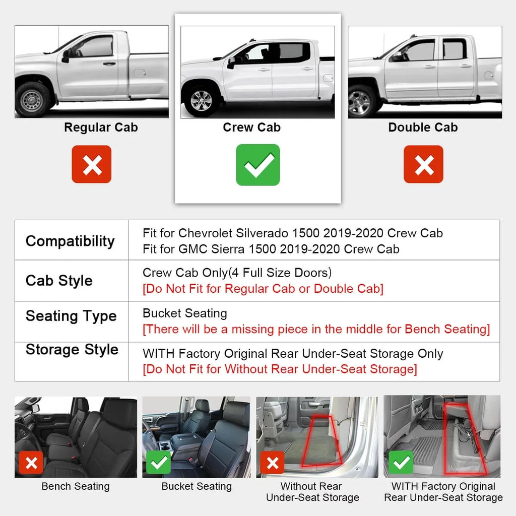 Lasfit Floor Mats for Chevrolet Silverado/ Sierra 1500 2019-2022 & 2500HD/3500HD 2020-2022 Crew Cab (Don't Fit Double Cab, Plastic Storage, Without Storage)