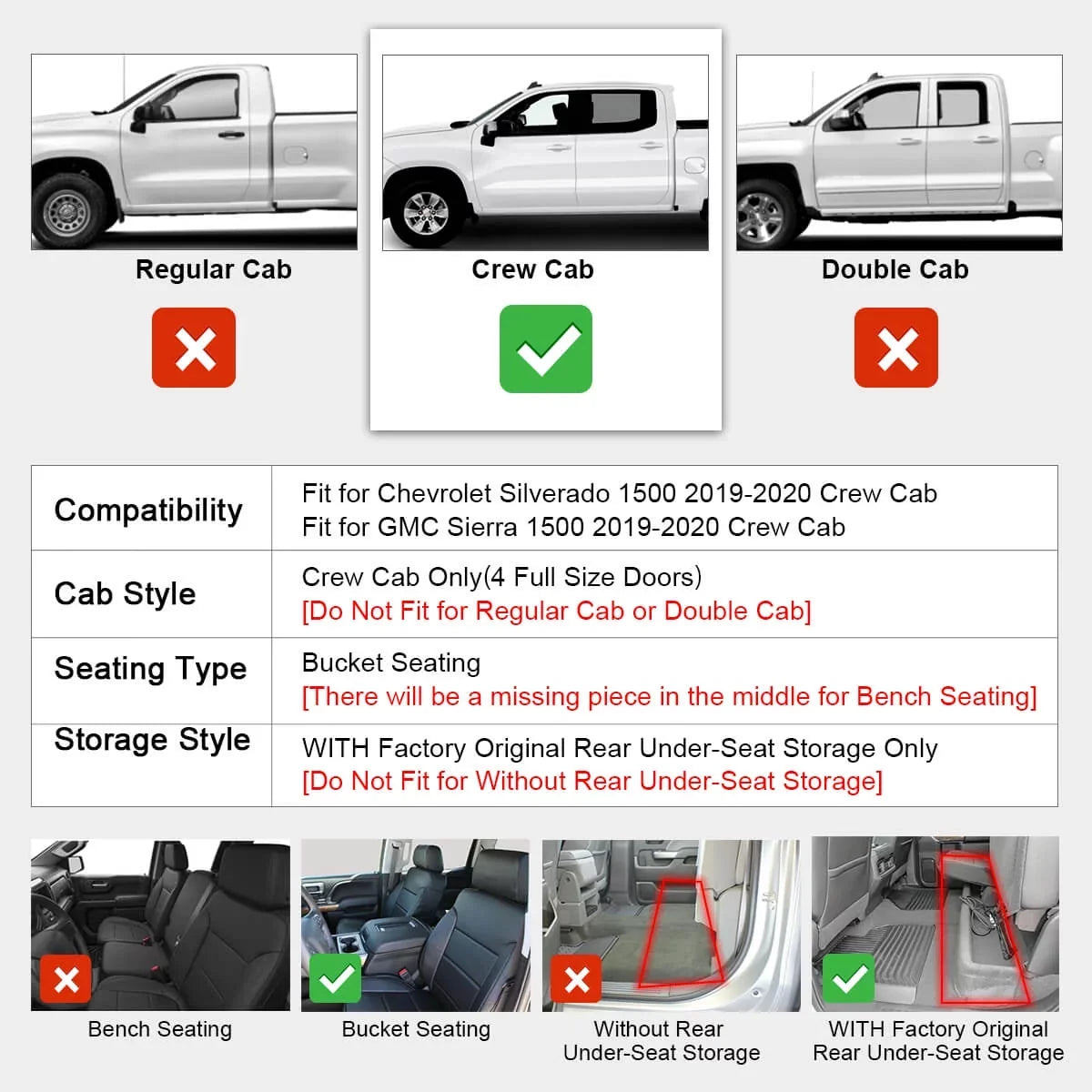 Lasfit Floor Mats for Chevrolet Silverado/ Sierra 1500 2019-2022 & 2500HD/3500HD 2020-2022 Crew Cab (Don't Fit Double Cab, Plastic Storage, Without Storage)