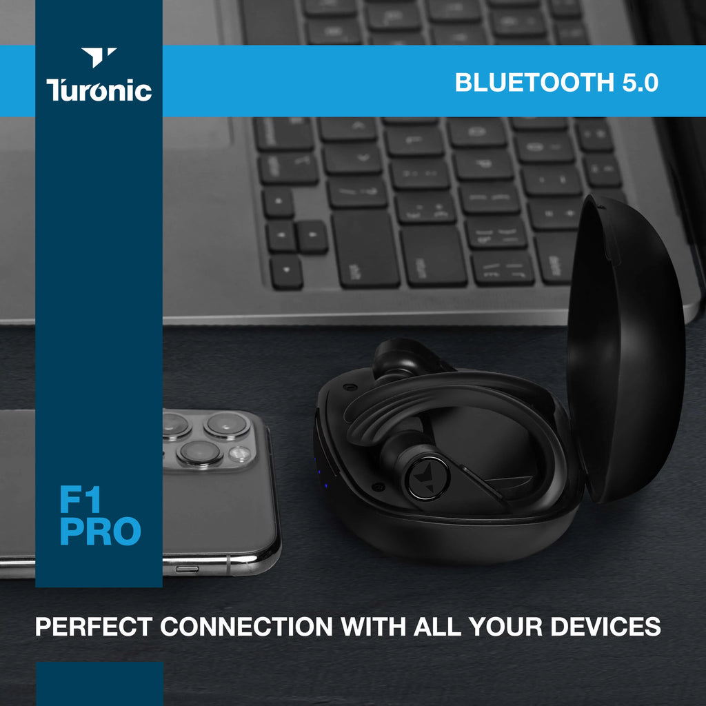 Turonic  Pro - True Wireless Earbuds - 45H Playtime, Charging case, Mic,  Waterproof Bluetooth Headphones w/Microphone - Sport Wireless Earphones with Earhook for Gym, Running, Workout - Black