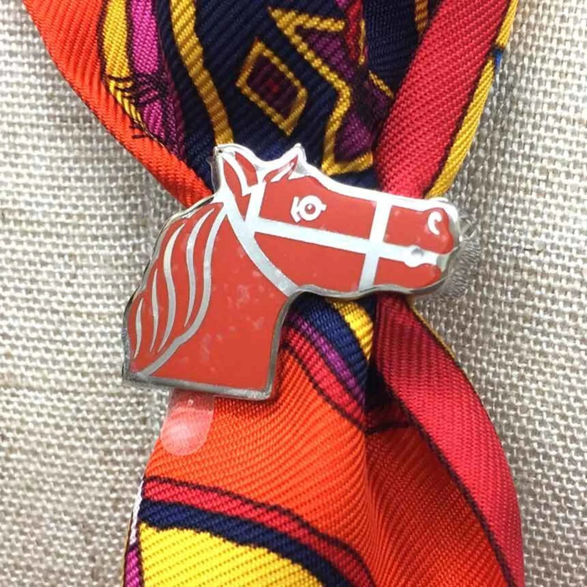Pre-Owned  Twilly Ring Quadrige Scarf Muffler Orange/Silver 2022 Collection Hermes Women's (Like New)