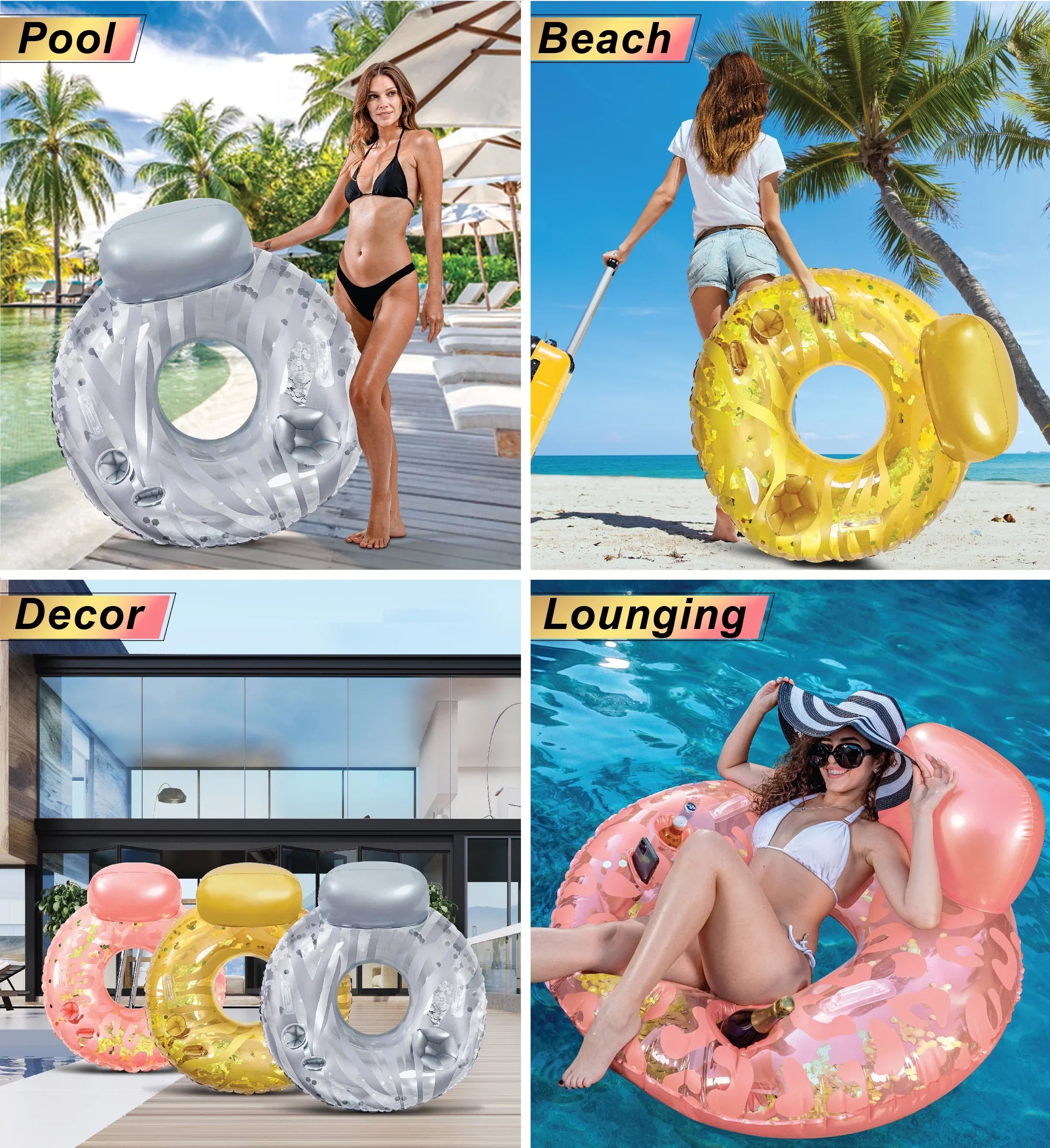 Inflatable Luxury Tubes with Back Rest - Rose Gold, Gold, Silver Sparkle Confetti Filled Luxurious Lounger, Thick Pool Float Tubes, Built in Phone and Cup Holder with Handles, 42 Inch, Pack of 3