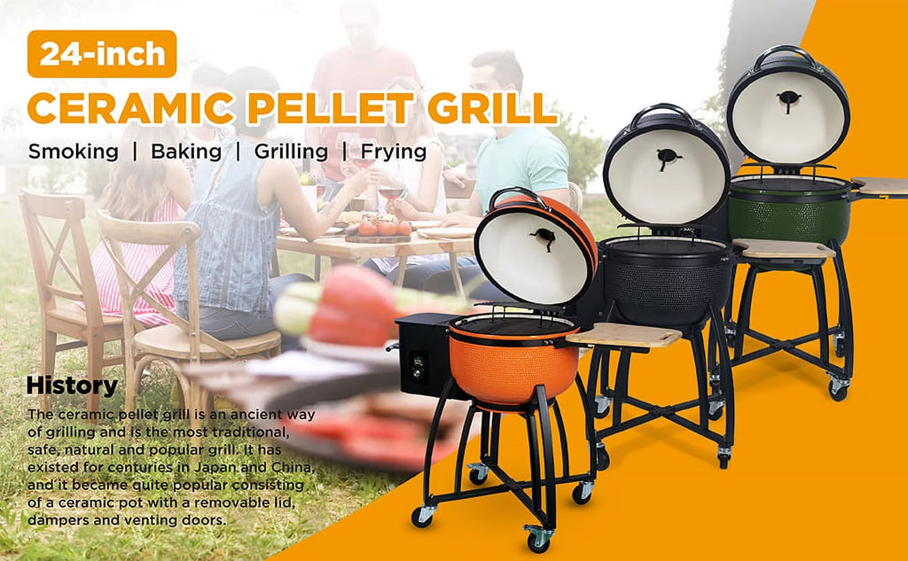 24 "Ceramic Pellet Grill with 19.6" diameter Gridiron Double Ceramic Liner 4-in-1 Smoked Roasted  Pan-roasted for Outdoors Patio