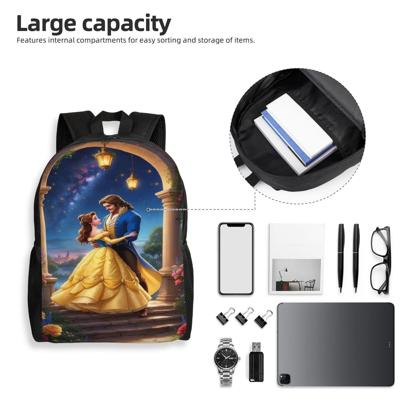 Beauty and the Beast Anime Backpack Cartoon Travel Bags 3D Printed Casual Daypacks Multipurpose Backpacks