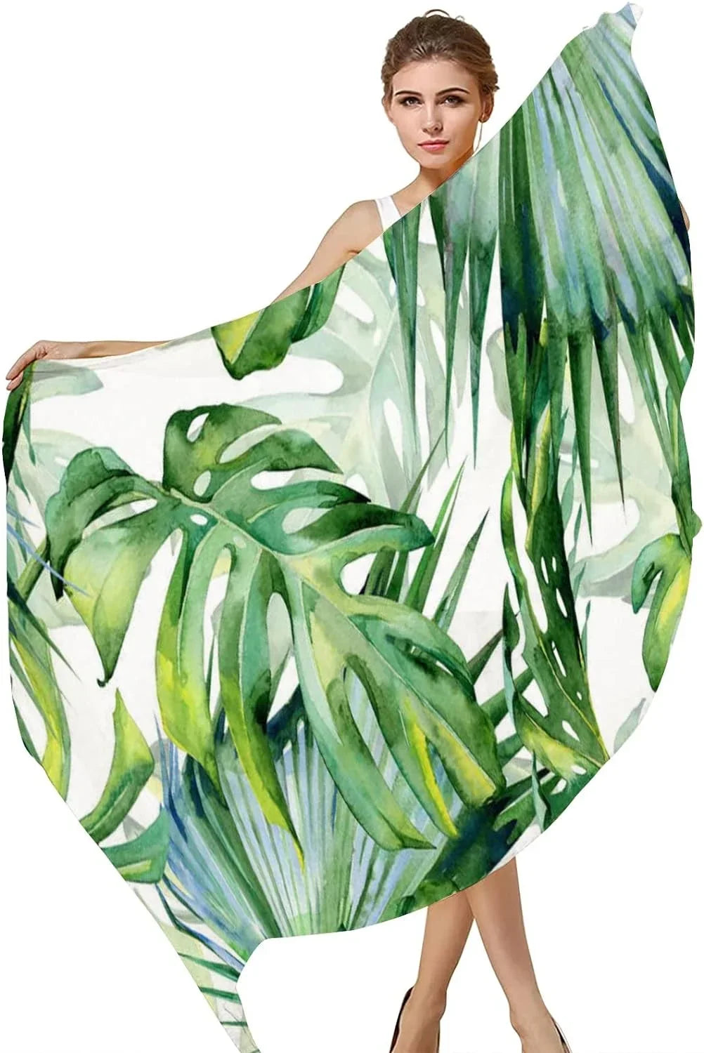 Hyjoy Watercolor Green Leaves Long Silk Neck Scarf Lightweight Shawl Wrap Scarves for Women Girls