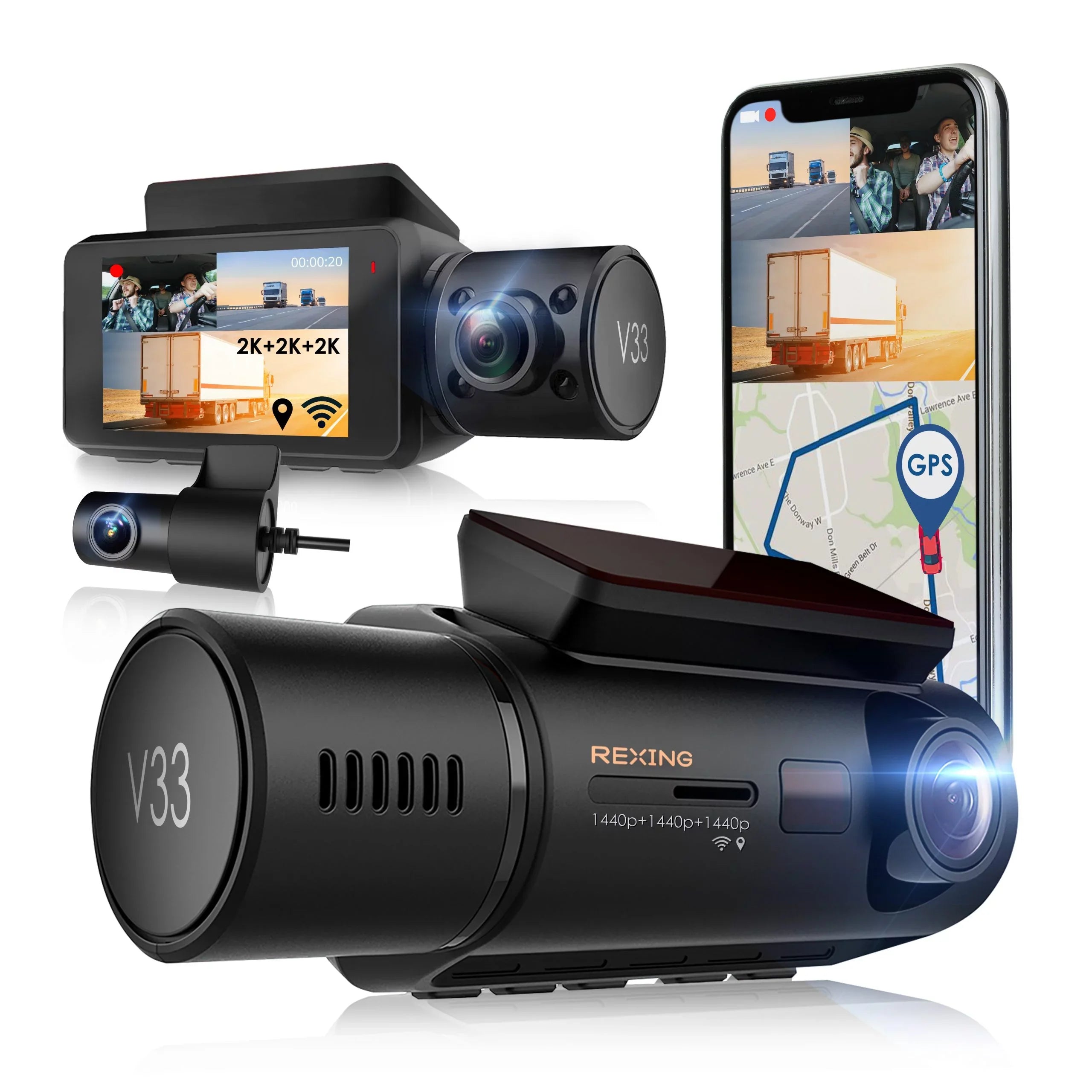 Rexing  3 Channel 1440p+1440p+1440p Front, Cabin and Rear Camera Dashcam with Built-in Wi-Fi &