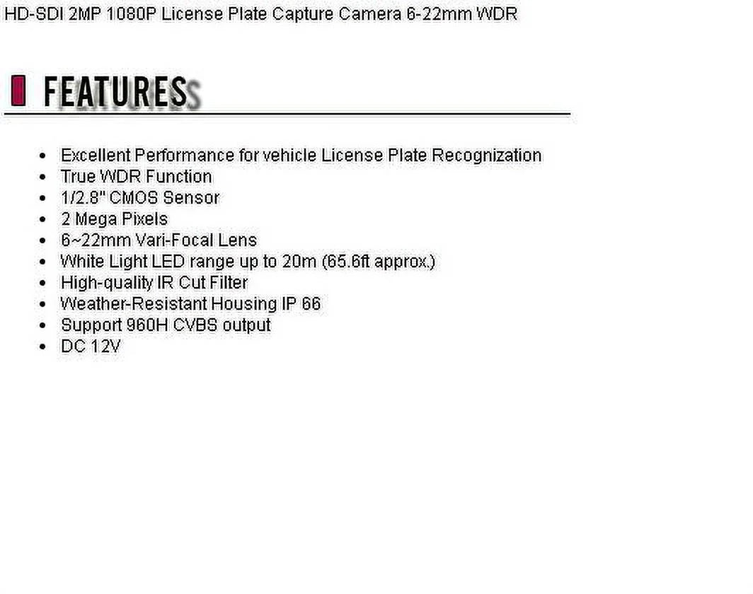 '- 2MP 1080P License Plate Capture Camera 6-22mm  (Wall Mount)