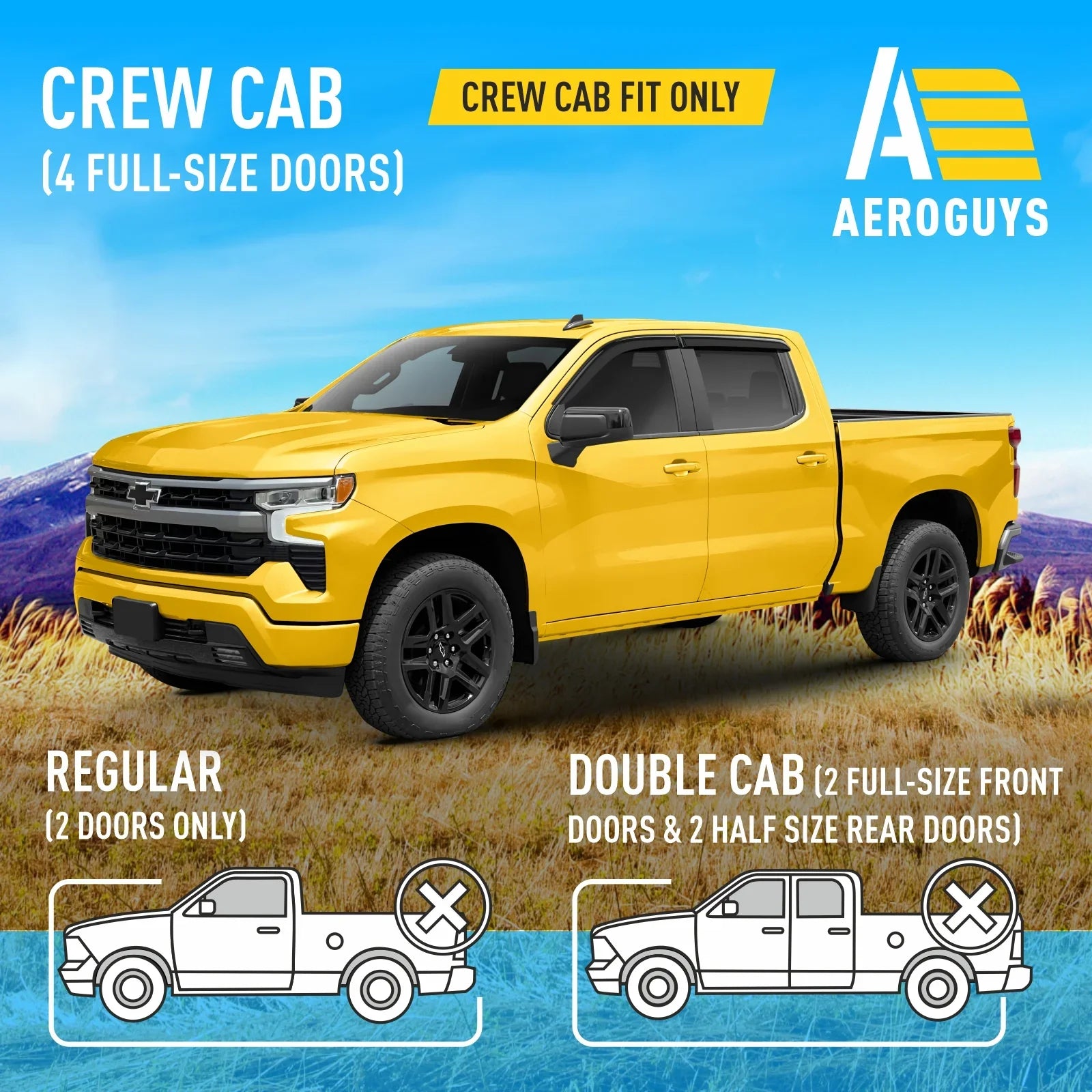 Tape-On Window Deflectors Extra Durable Window Visors Rain Guards Fit for Chevrolet (Chevy) Silverado 1500 2019-2024 Crew Cab, Sun Visors, Wind Vent Visors, Truck Accessories - 4pcs.