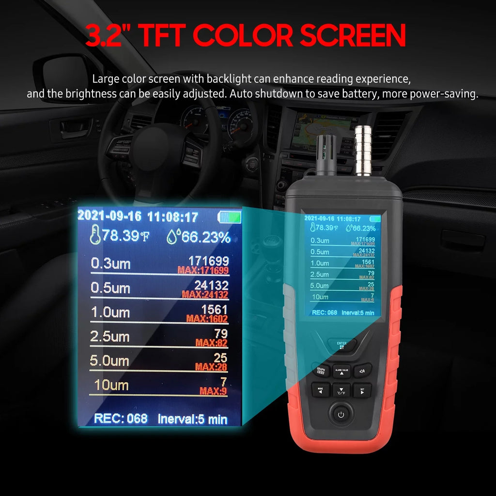 Walmeck Dust Particle Counter 6-Channel 0.3um/ 0.5μm/ 1.0μm/ 2.5μm/ 5.0μm/ 10um .5  Detector with 3.2-inch Backlight  Color Screen Air Quality Tester Temperature Humidity Home Offi