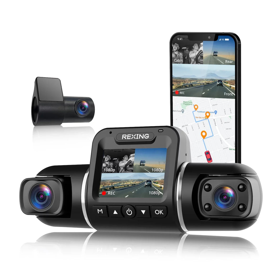 Rexing  Pro  Dash Cam, 3-Channel Front/Cabin/Rear 1080p Recording with Wi-Fi and