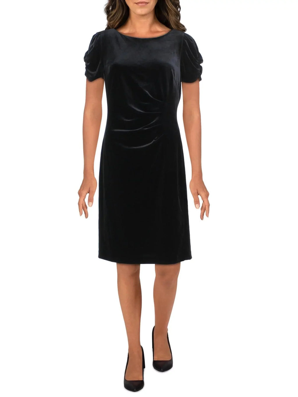 Womens Black Zippered Ruched Pouf Sleeve Round Neck Above The Knee Party Fit + Flare Dress 8