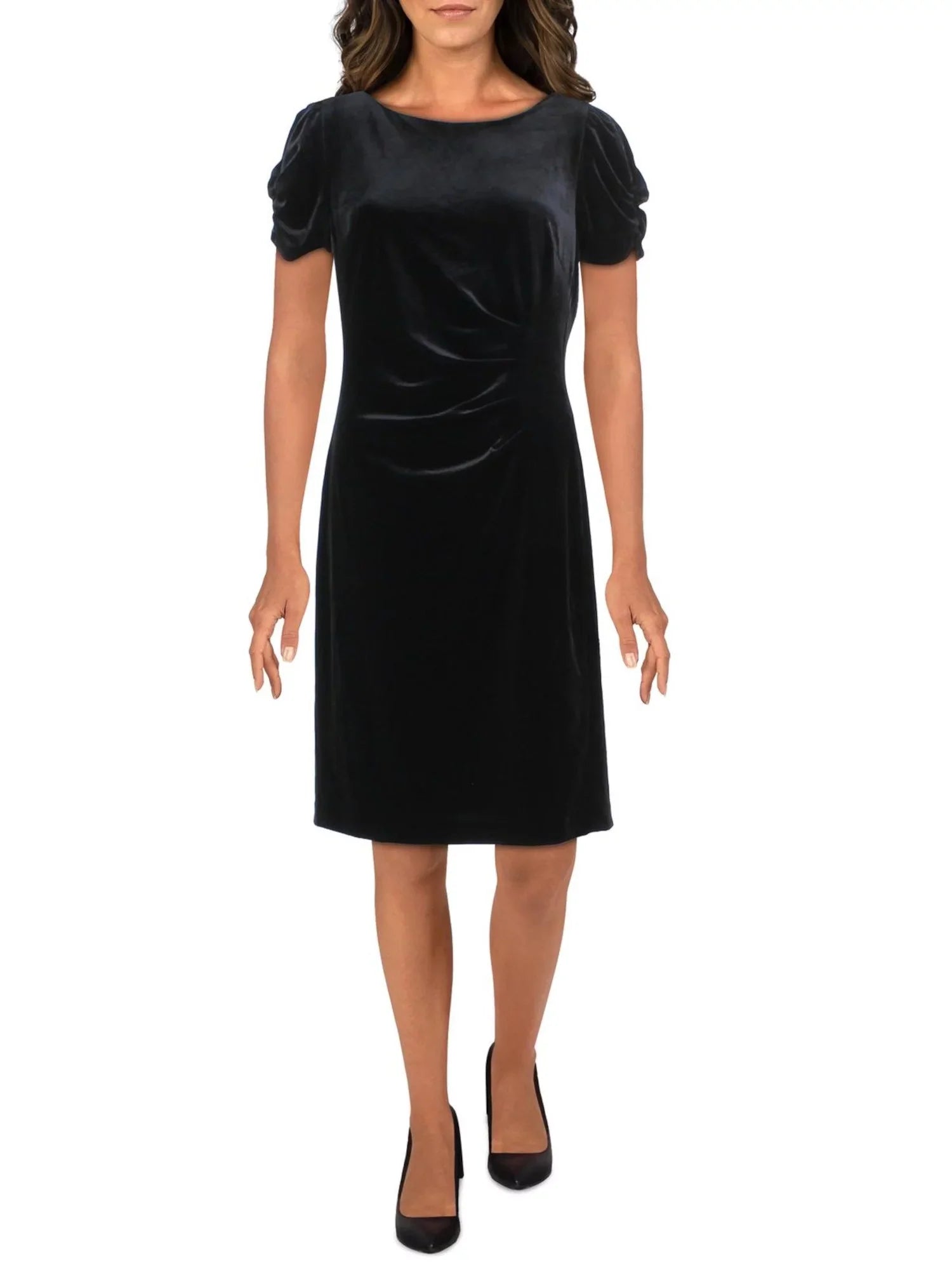 Womens Black Zippered Ruched Pouf Sleeve Round Neck Above The Knee Party Fit + Flare Dress 8