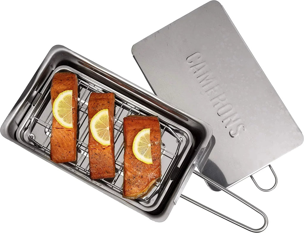 Stovetop Smoker - Gourmet Mini (7” x 11” x 3.5”) Stainless Steel Smoking Box with Wood Chip Sample - Works Over Any Heat Source, Indoor or Outdoor