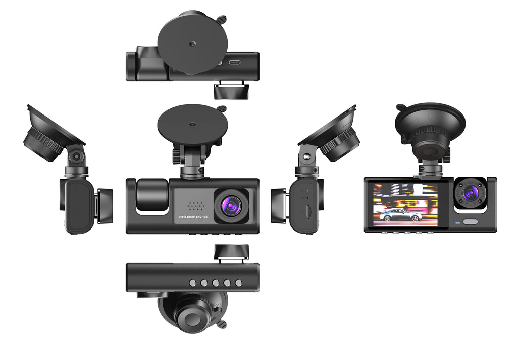 3 Channel Dash cam, 2-inch Screen Driving Recorder, High-Definition 1080P, Night Vision, Loop recording, Motion Detection, -Sensor +32   Card