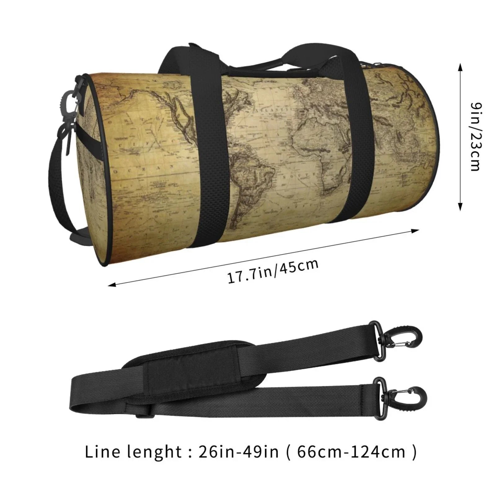 Coaee Vintage World Map Large Capacity Travel Luggage Bag Cylinder Gym Bag Waterproof Sports Bag with Pocket and Compartment
