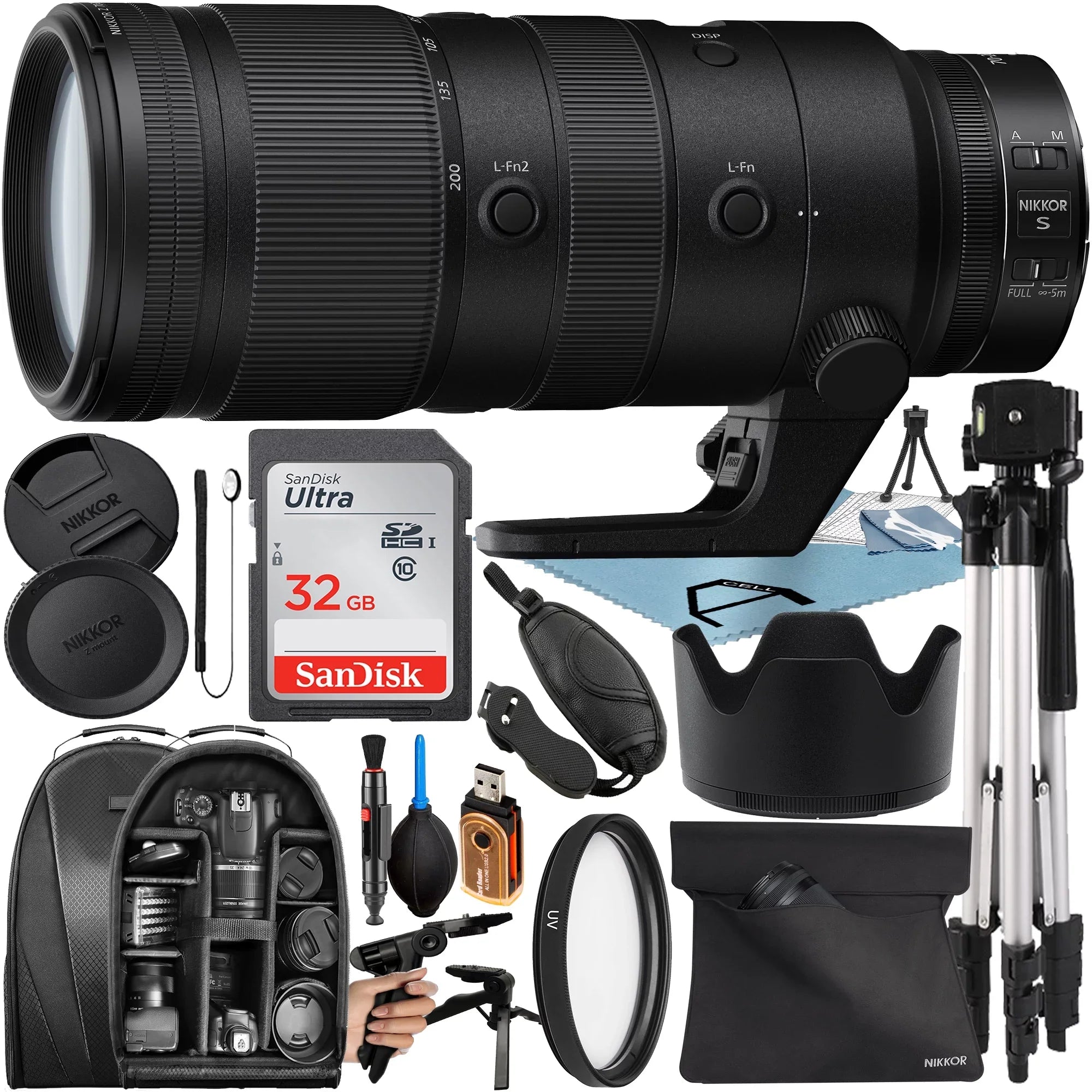Nikon   70-200mm /2.8   Lens with 32GB SanDisk Memory Card + Tripod + Backpack + -Cell Accessory Bundle
