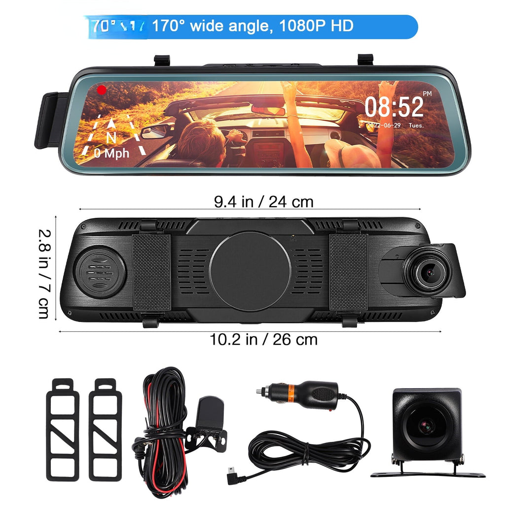 Cheefull 10' Mirror Camera Front and Rear 1080P Backup Camera  ' Mirror Dash Cam Rear ViewFHD Full Touch Screen w Loop Recording, -Sensor, Parking Monitor 170° Wide Angle