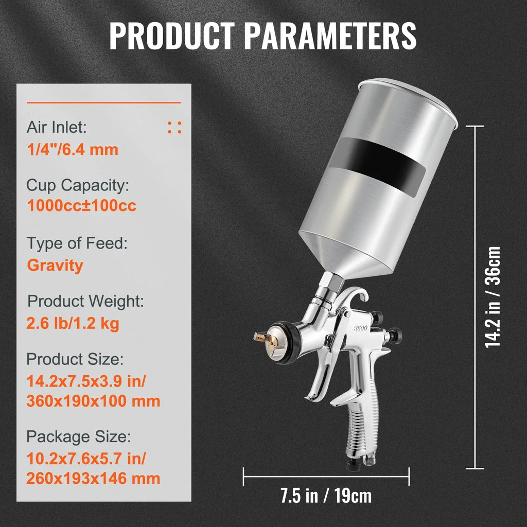 Spray Gun, High Performance Automotive Gravity Feed Spray Gun with 1.3mm 1.4mm 1.8mm Stainless Steel Nozzles, 1000cc Aluminum Cup for Auto Paint, Primer, Clear/Top Coat & Touch-Up